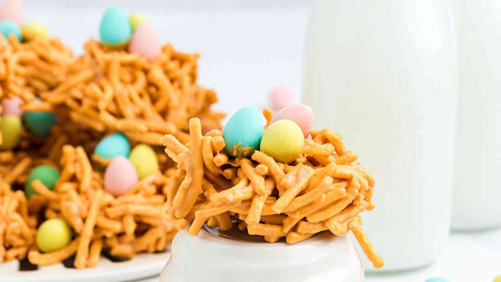 Birds nests with chocolate eggs.