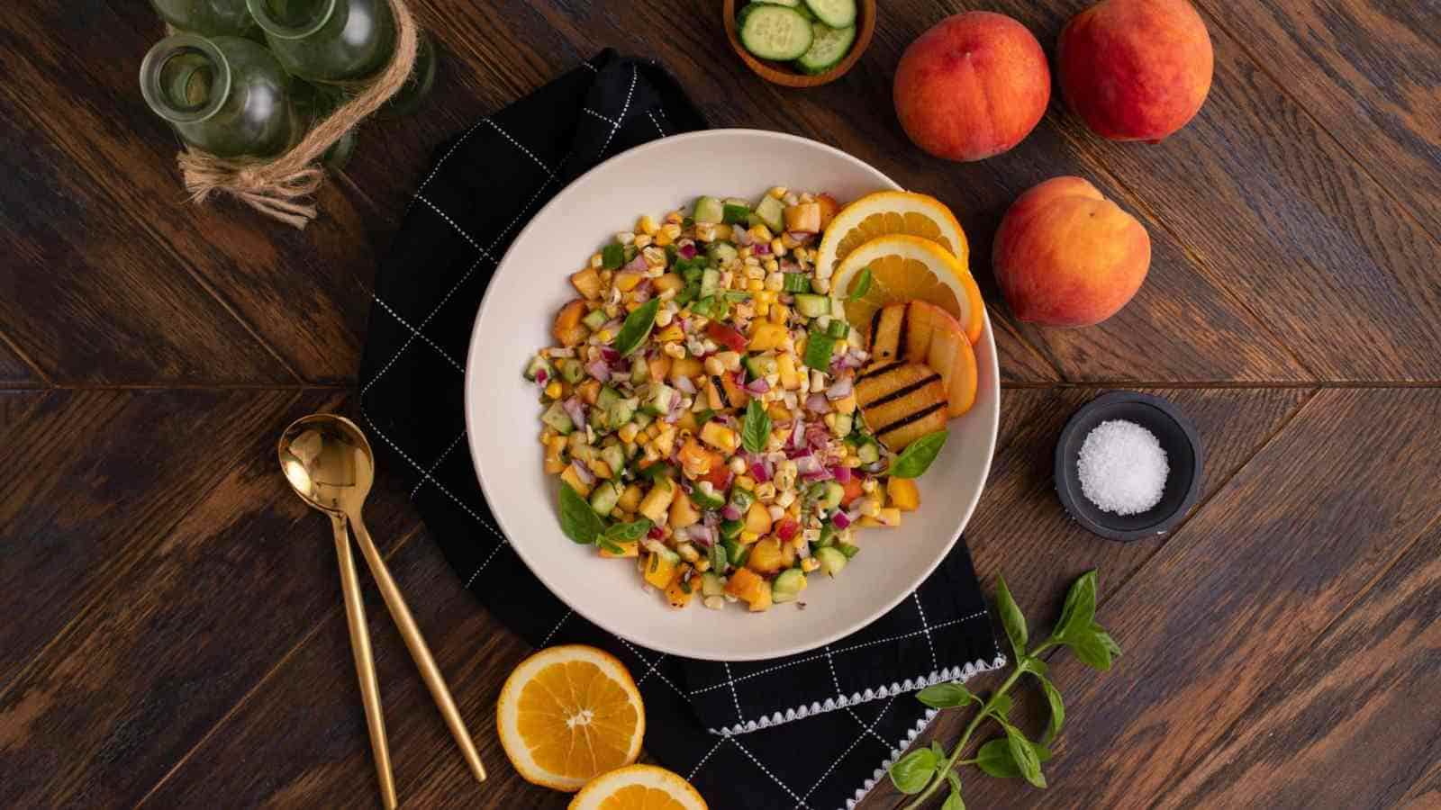 A white bowl filled with a mixed salad featuring diced vegetables, beans, and fresh peaches, accompanied by sliced oranges, cucumbers, whole peaches, gold cutlery, and a black napkin on a wooden table.