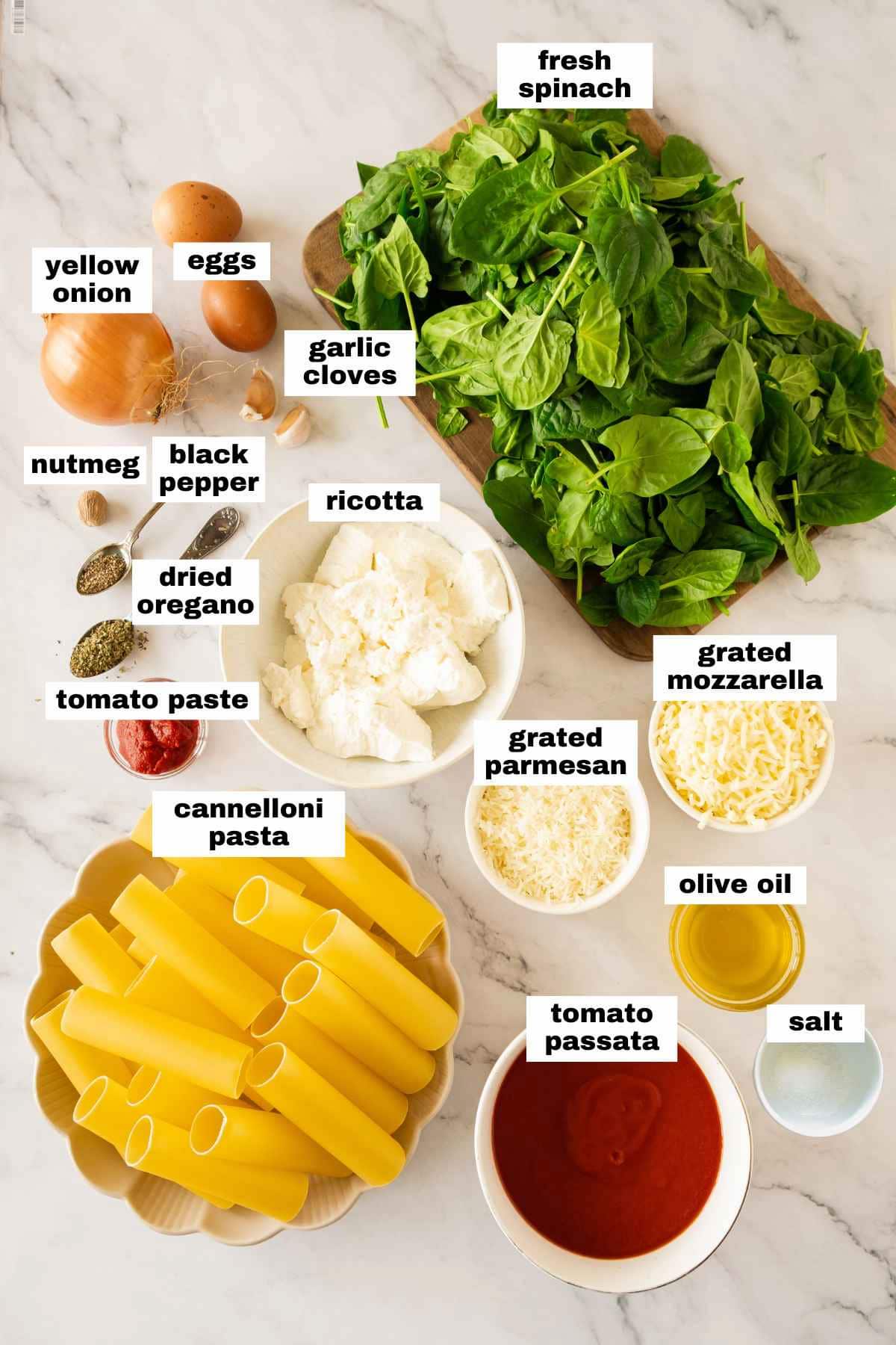 Ingredients for a baked spinach cannelloni dish, including cannelloni pasta, ricotta, fresh spinach, yellow onion, eggs, garlic, and spices, arranged on a marble surface.