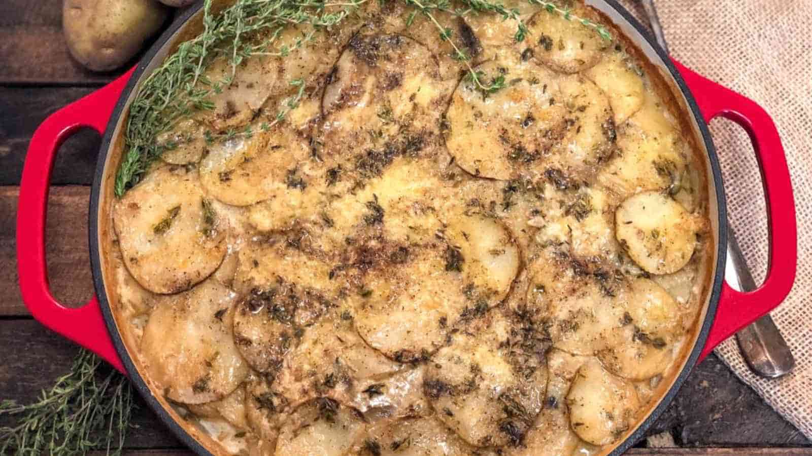 A red skillet with scalloped potato gratin topped with herbs and melted cheese, placed on a wooden surface with sprigs of thyme beside it.