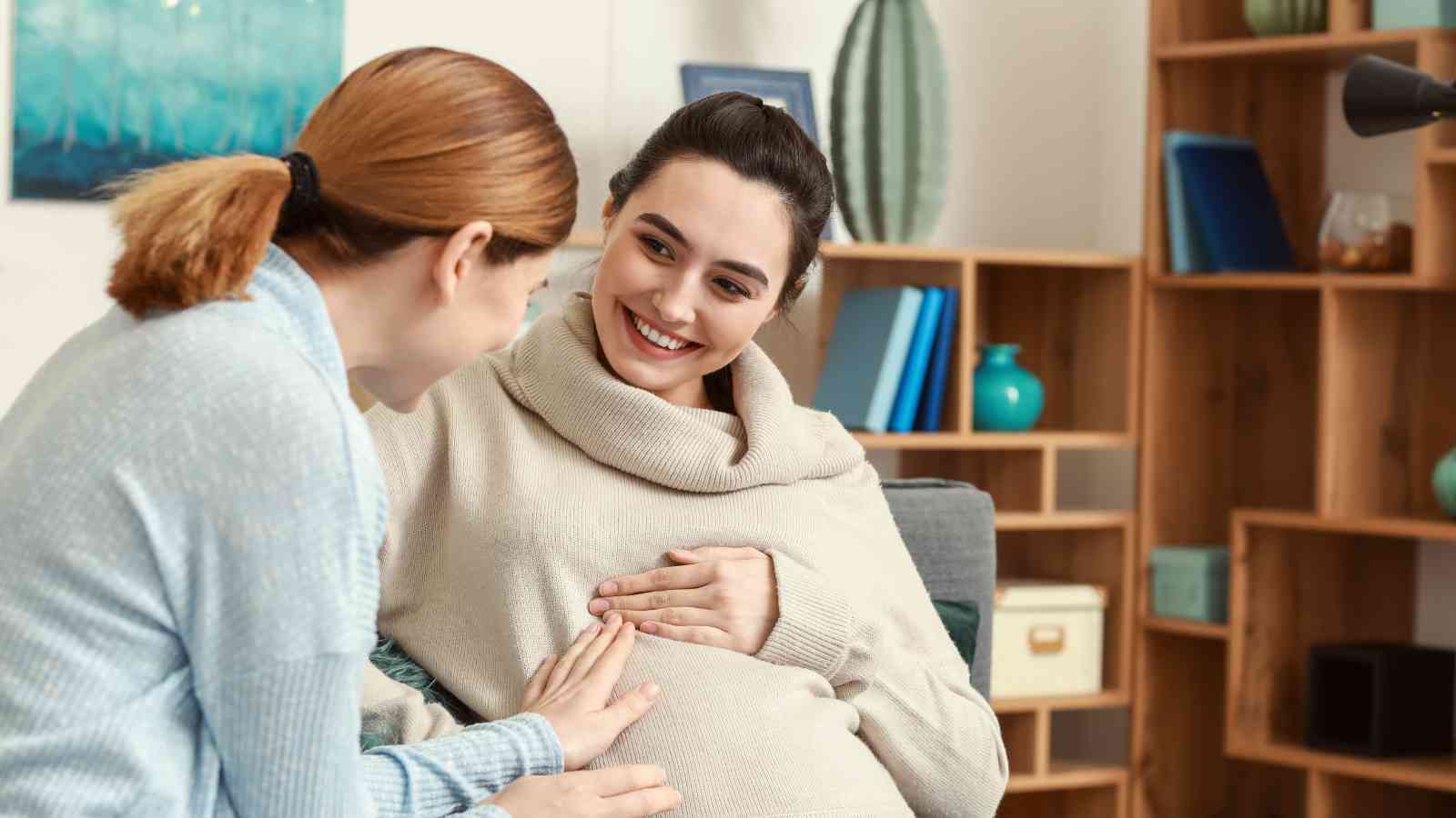 Two people sitting indoors, with one person smiling and touching their pregnant belly, while the other person has a hand on the belly. Shelves and decorative items are in the background.