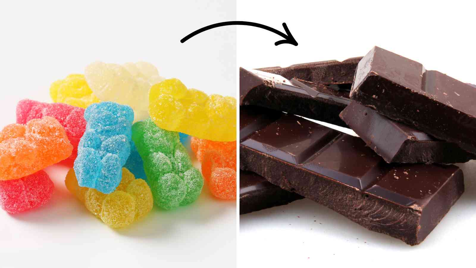 A collage of candies and dark chocolate.