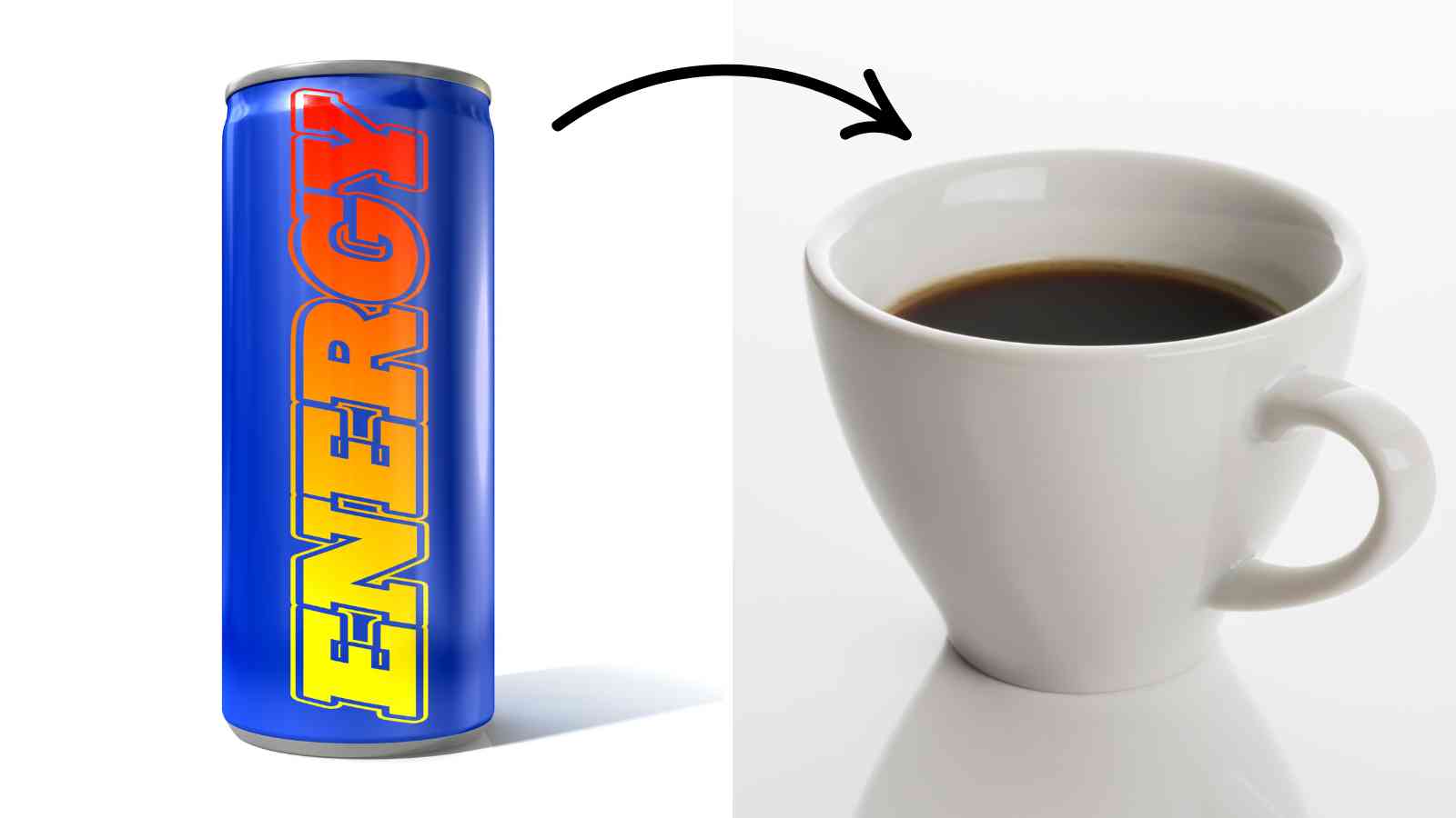 A collage of an energy drink and a cup of coffee.