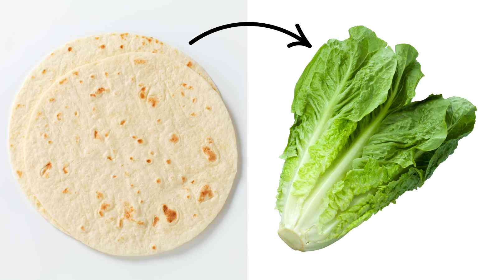 A collage of flour tortillas and lettuce.