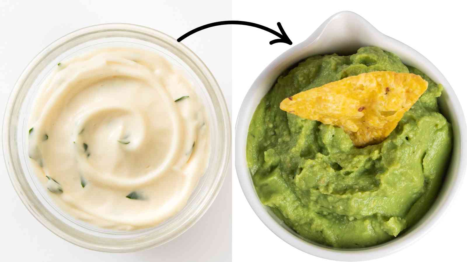 A collage of mayo and mashed avocado.
