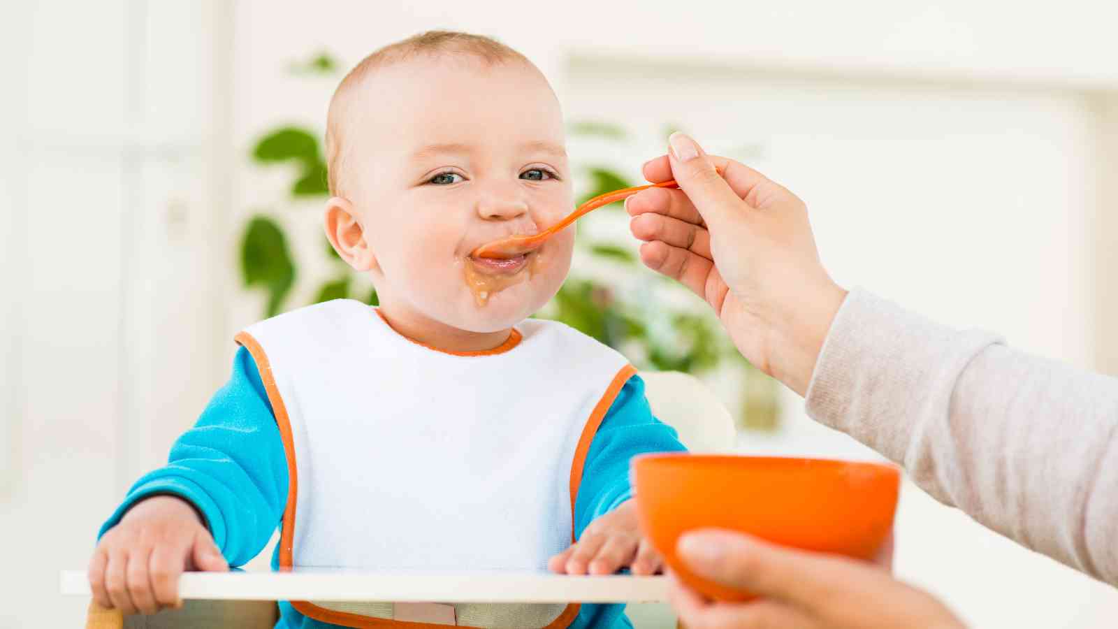 A baby in a high chair is being fed with an orange spoon. The baby wears a bib and has some food around the mouth. A hand holds a bowl near the baby's face.