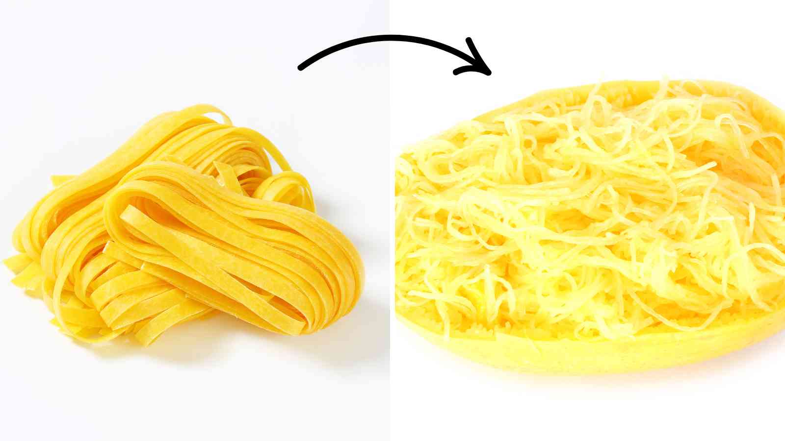 A collage of a pasta and shredded squash.