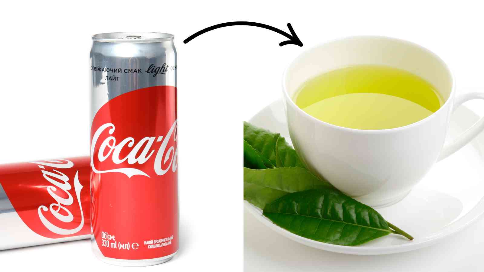 A collage of a soda and a green tea.
