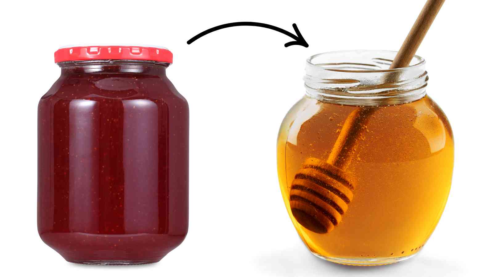 A collage of jam in a jar and honey.