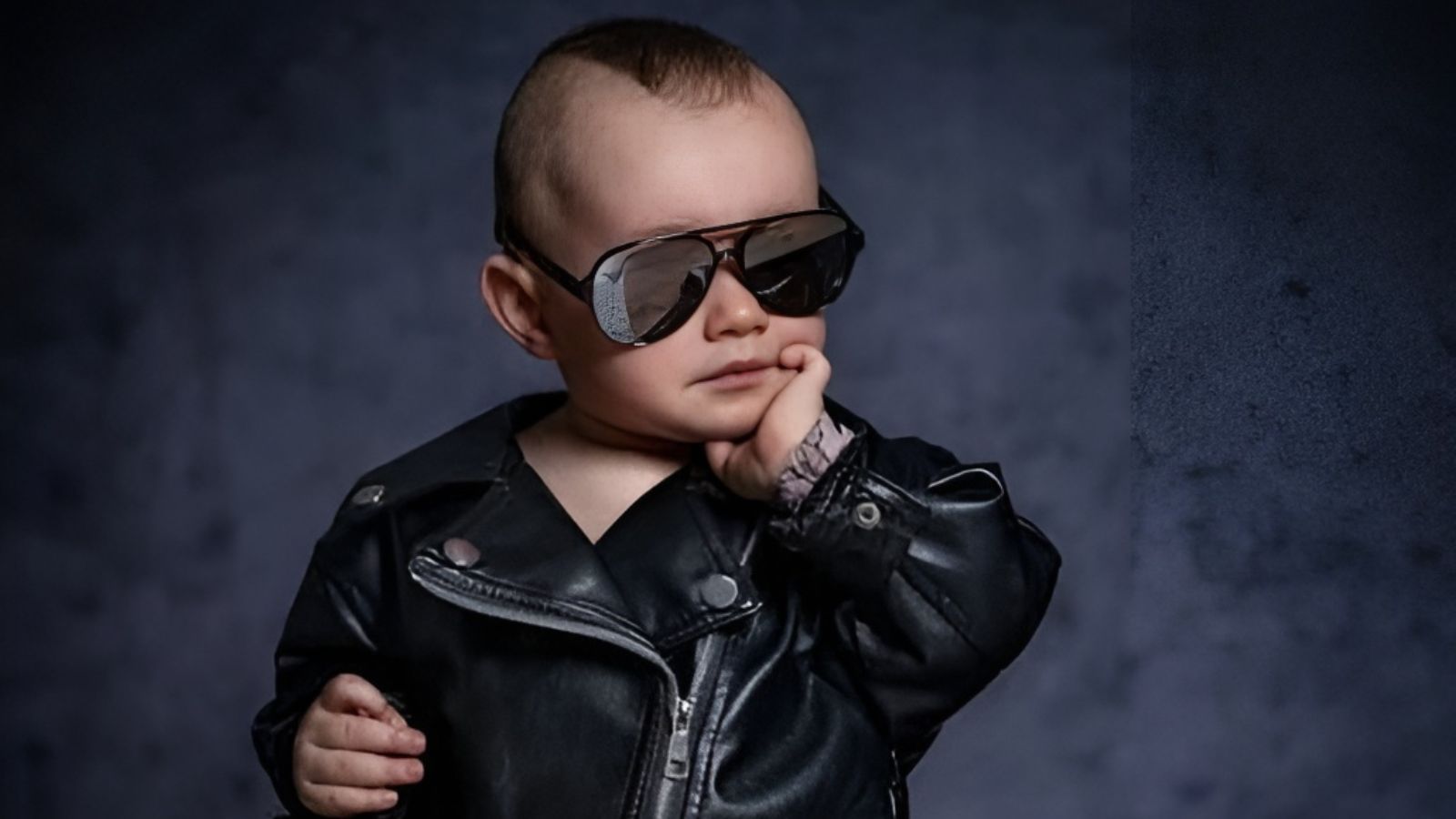 A baby with badass boy names energy wears a black leather jacket and large sunglasses, posing with one hand on their cheek against a dark background.