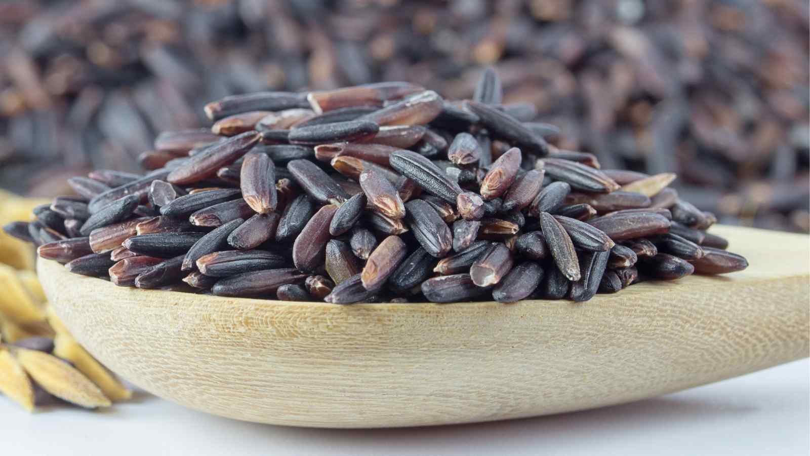 A wooden spoon filled with uncooked black rice grains, with more grains blurred in the background.