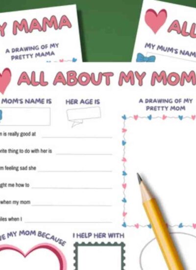 Four "All About My Mom" worksheets with sections for a drawing, name, age, and reasons for love, placed on a green surface. A pencil is positioned nearby.