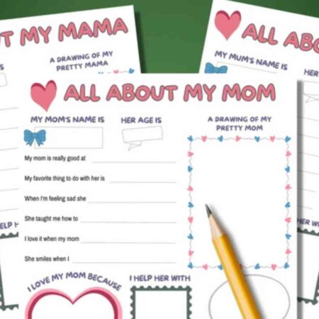 Four "All About My Mom" worksheets with sections for a drawing, name, age, and reasons for love, placed on a green surface. A pencil is positioned nearby.