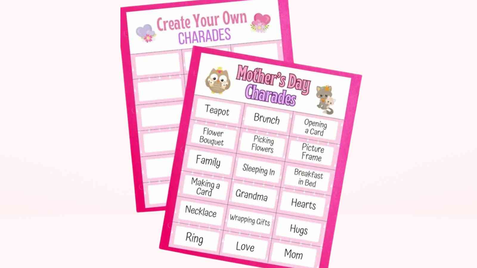 Two pink-bordered charades cards, one titled