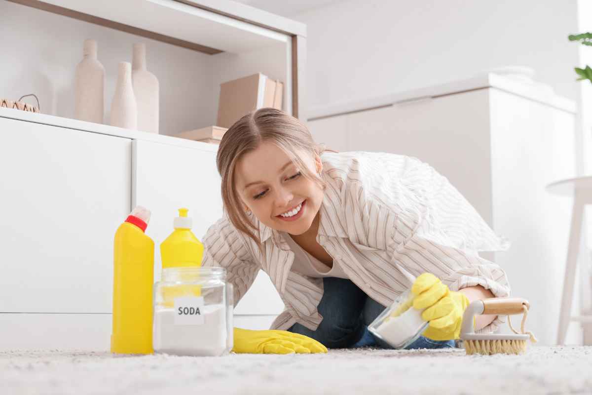 A woman wearing yellow gloves cleans a carpet with baking soda and a brush. Bottles of cleaning products are nearby.