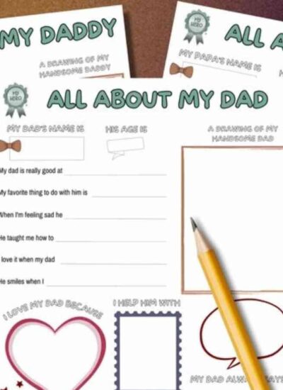 Three printed Father’s Day activity sheets titled “All About My Daddy,” “All About My Dad,” and “All About My Papa” with prompts, blank spaces, and a pencil placed on top.