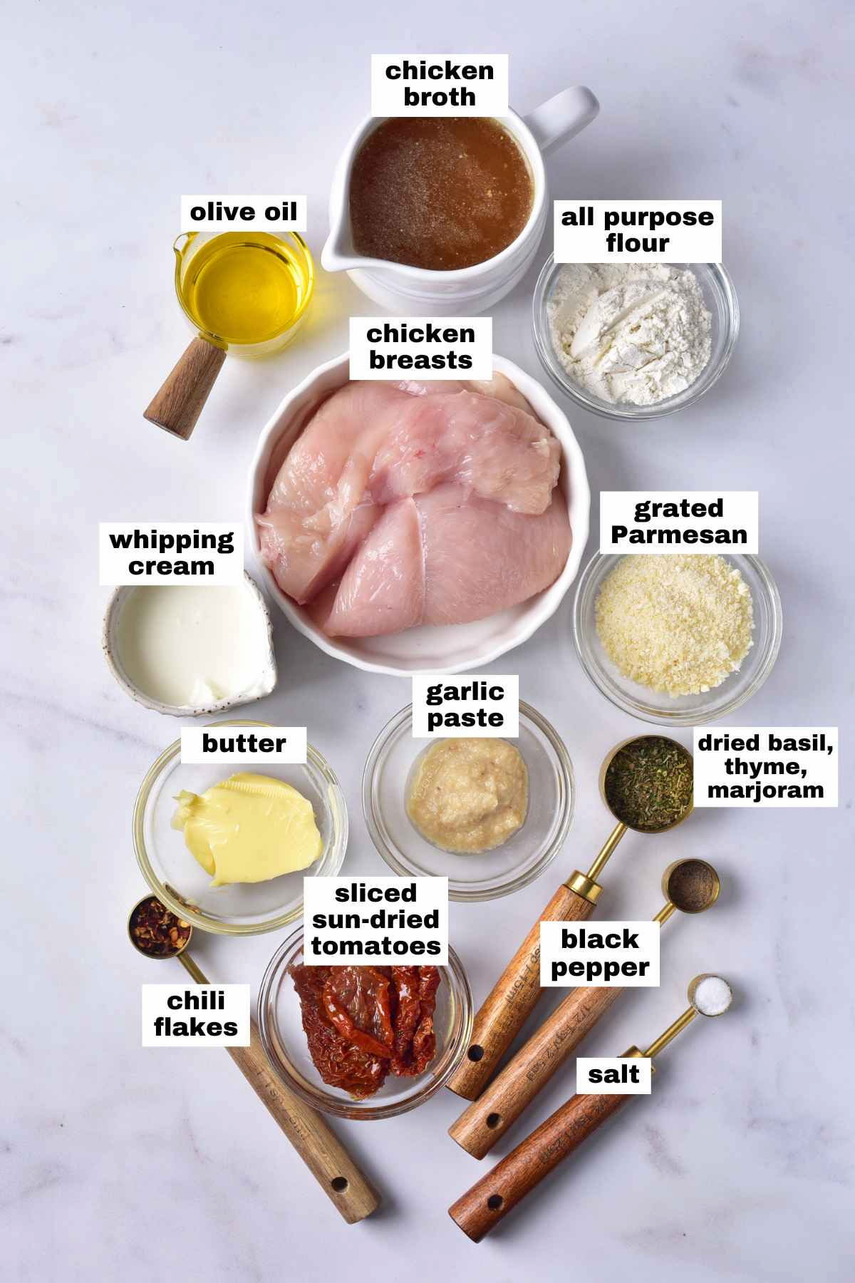 Top-down view of labeled ingredients for a marry me chicken recipe, featuring chicken breasts, chicken broth, all-purpose flour, olive oil, butter, garlic paste, sun-dried tomatoes, cream, Parmesan cheese, herbs, salt, pepper, and chili flakes.