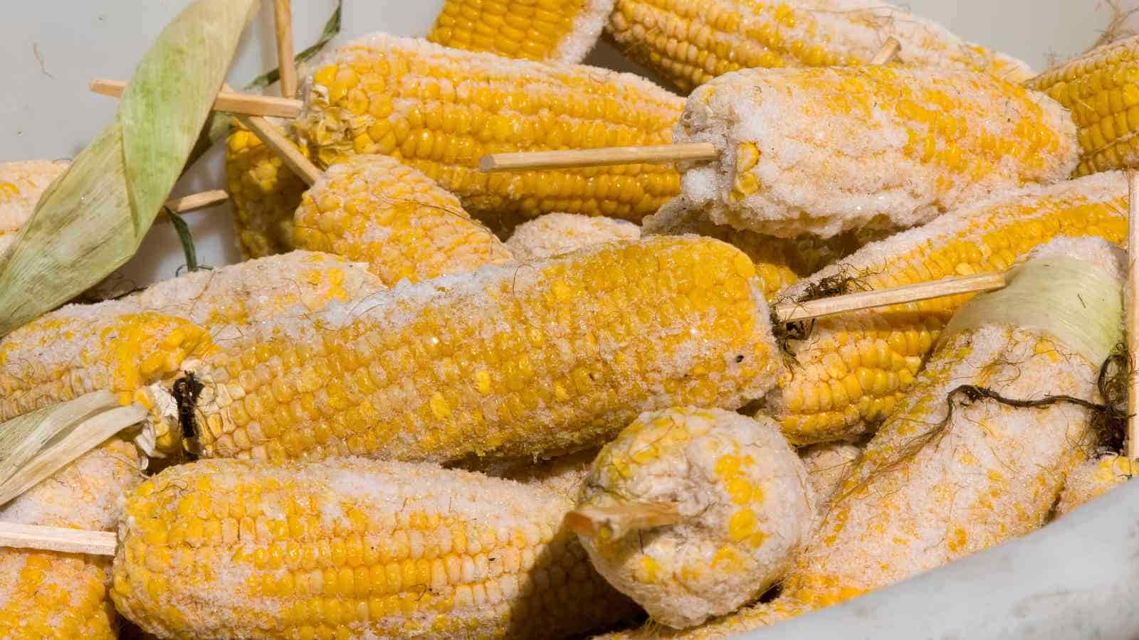 Several frozen corn on the cob pieces with sticks are piled together in a container, some still partially wrapped in husks.