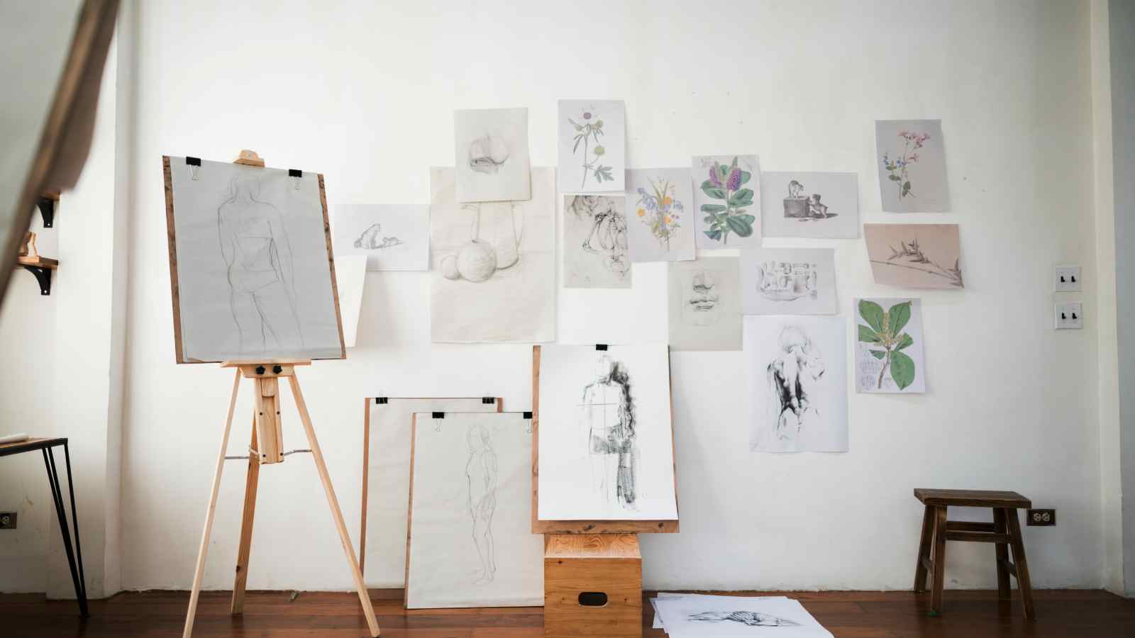 A collection of pencil and charcoal drawings, mostly figure studies and botanical sketches, displayed on a white wall with an easel, stool, and wooden box in front.