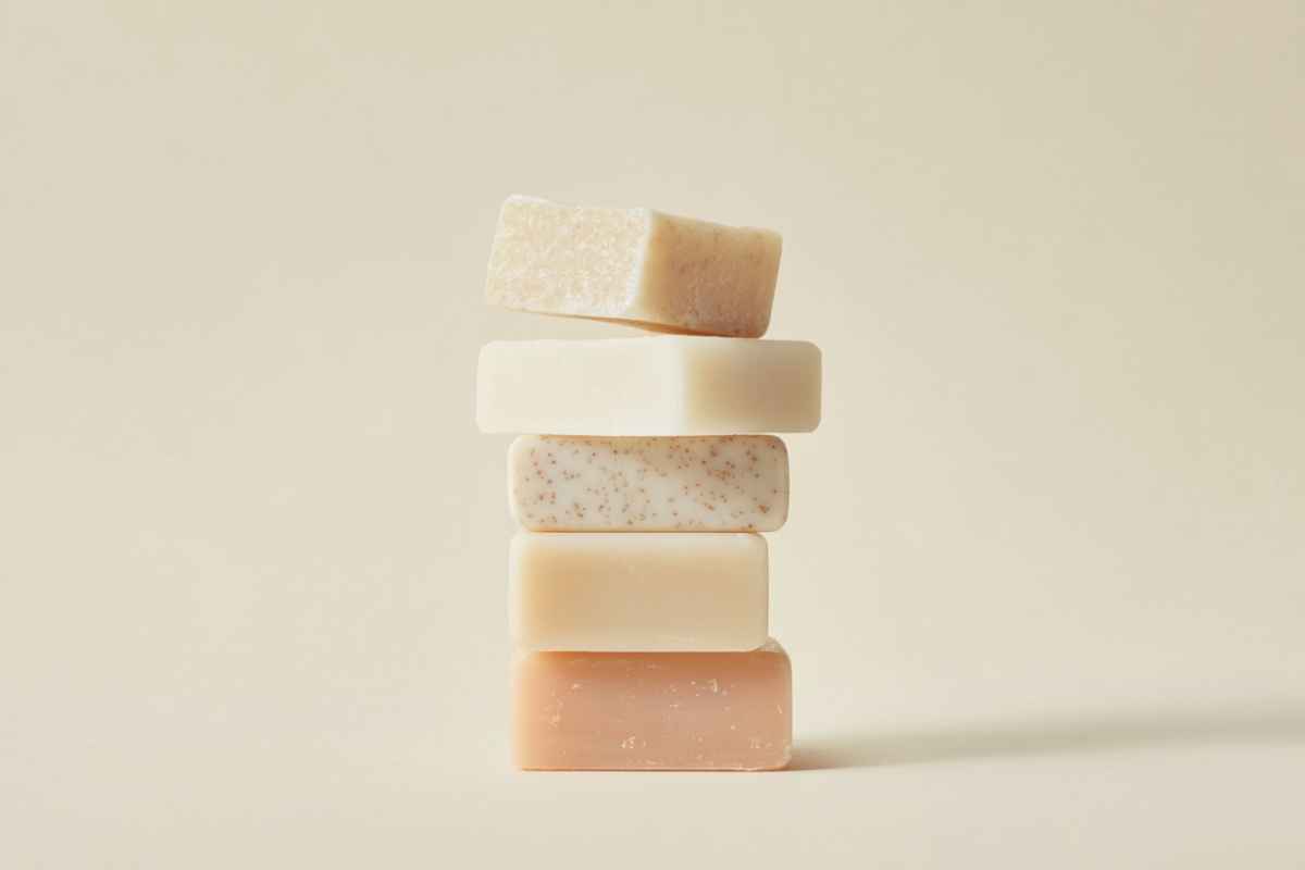 A stack of five rectangular soap bars in neutral tones is arranged vertically against a plain, light background.