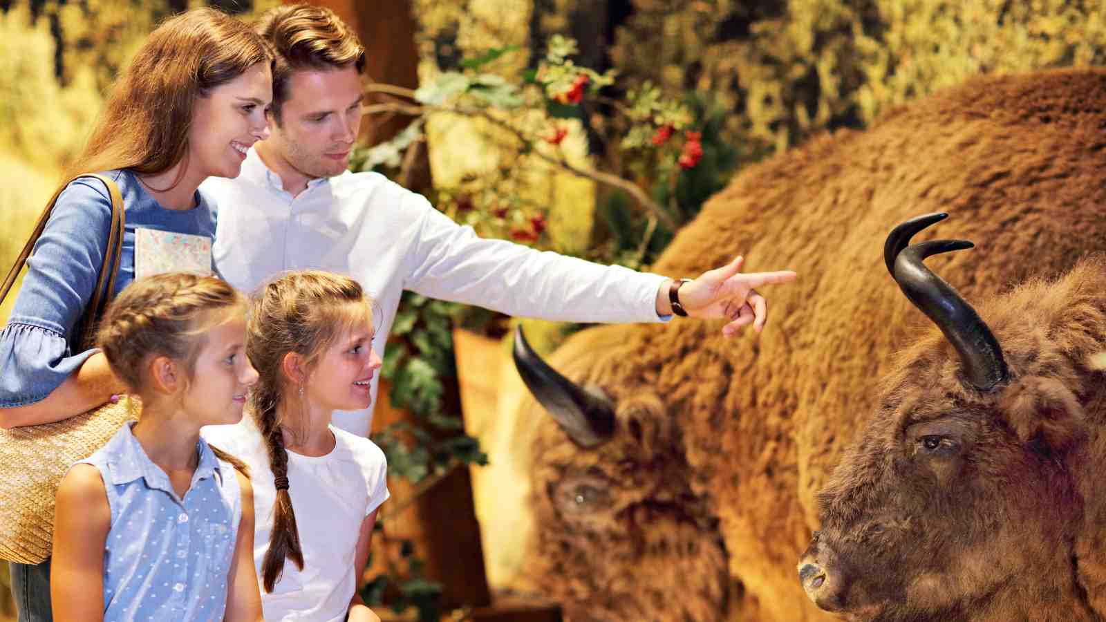 A family of four looks at and points toward a large bison in an indoor exhibit, with greenery and another bison in the background.