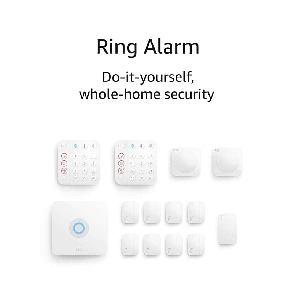 Ring Alarm DIY home security system kit shown with keypads, sensors, and a base station arranged on a white background. Text above reads "Ring Alarm, Do-it-yourself, whole-home security.
