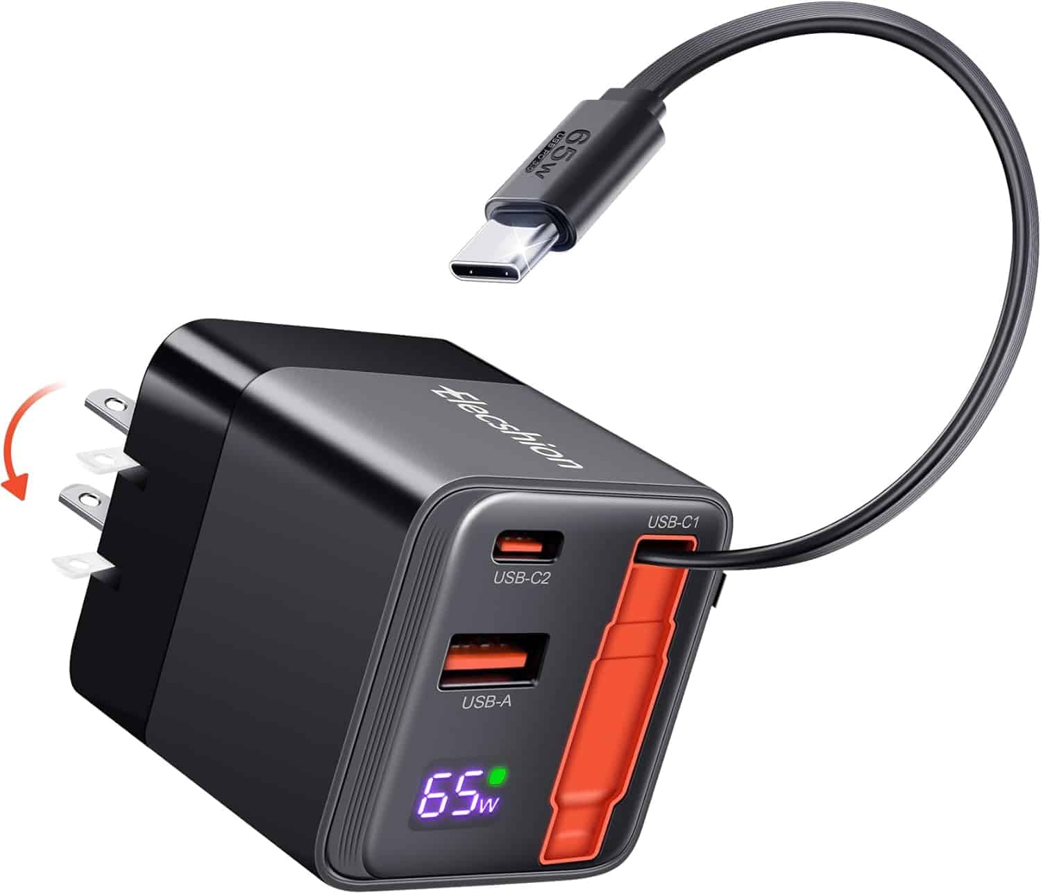 A black USB wall charger with three ports (two USB-C, one USB-A), foldable prongs, an LED display showing 65W, and a detachable USB-C charging cable.