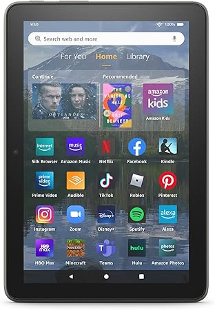 A tablet displaying its home screen with various app icons, including Netflix, Facebook, TikTok, Kindle, Instagram, Amazon, and Hulu. The time reads 9:30.