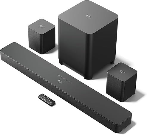 A black soundbar speaker system with two small satellite speakers, a subwoofer, and a remote control arranged on a white background.