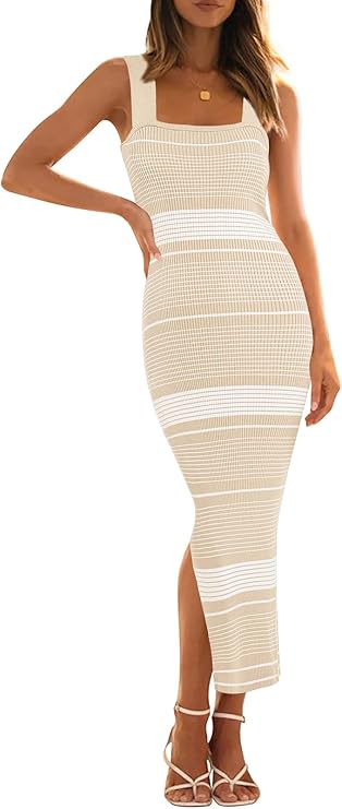 Woman wearing a sleeveless, beige and white striped bodycon midi dress with square neckline, paired with white strappy heels.
