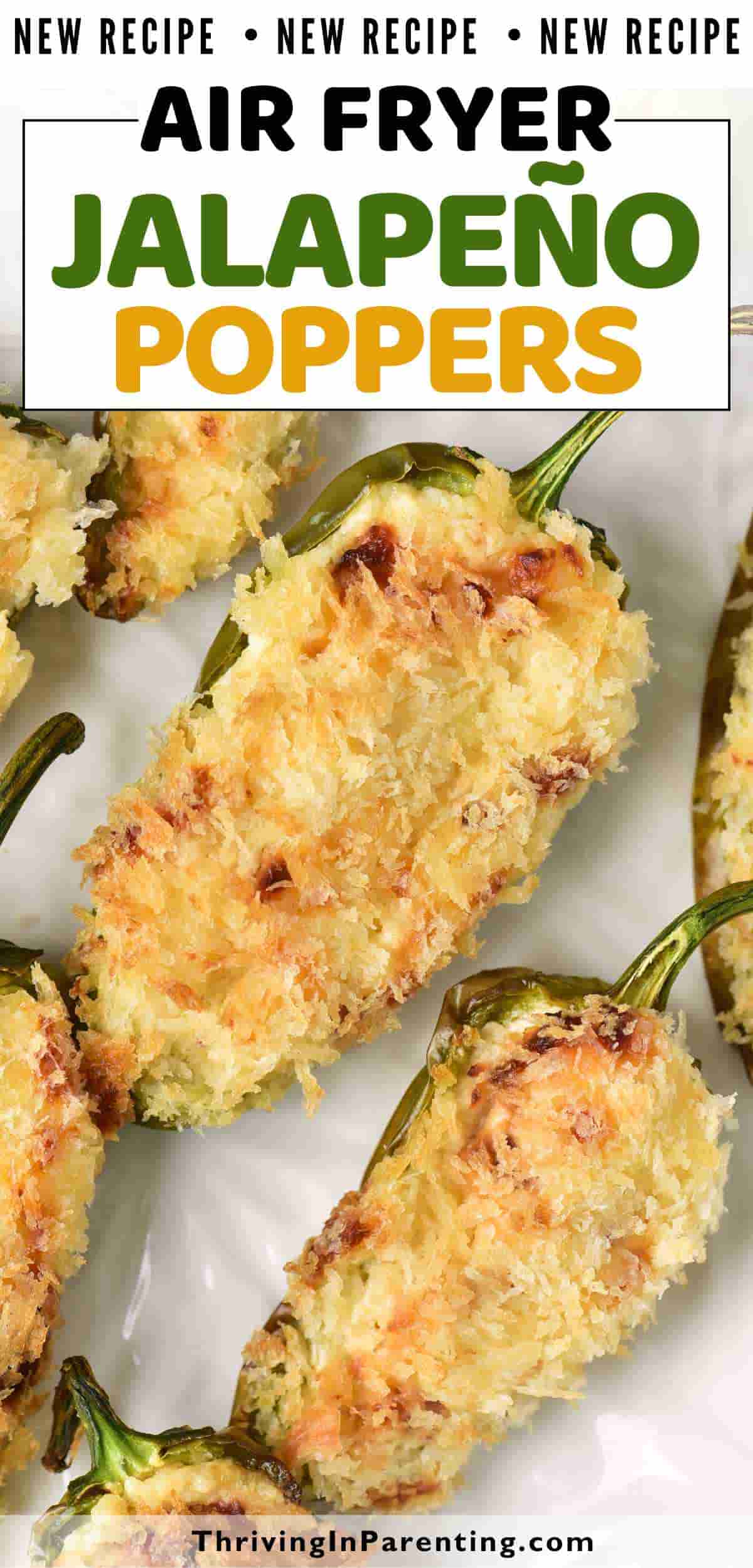 Pin image of air fryer jalapeño poppers recipe blog post.