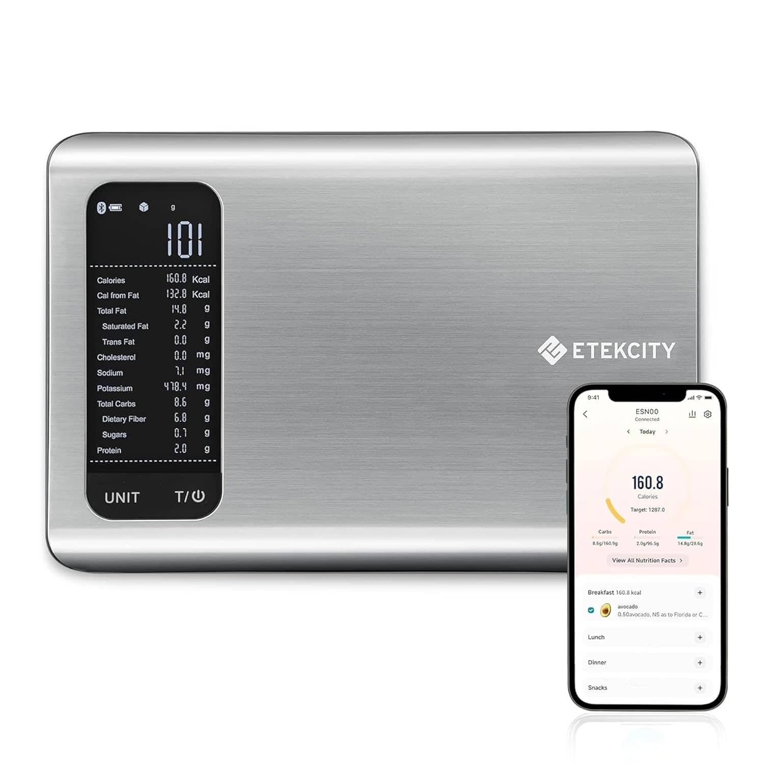 A digital kitchen scale with a nutrition facts display on the left side and a smartphone showing a related nutrition tracking app.