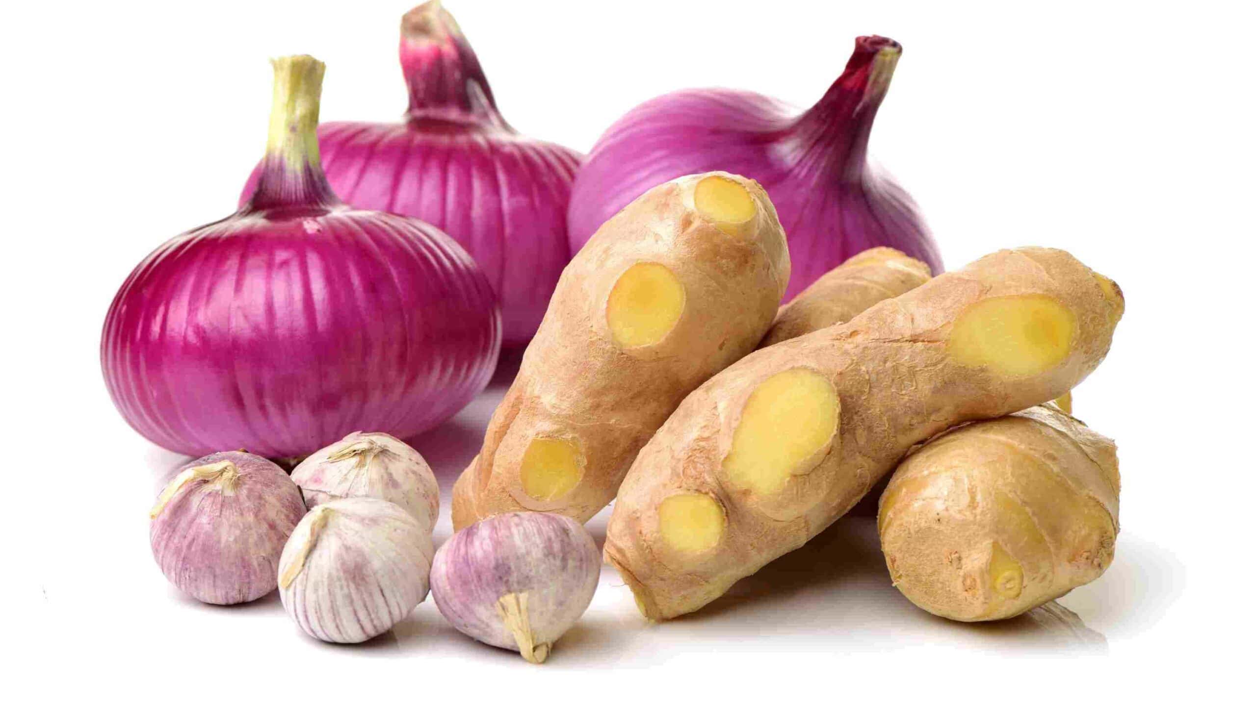 Red onions, whole garlic bulbs, and ginger roots arranged together on a white background.