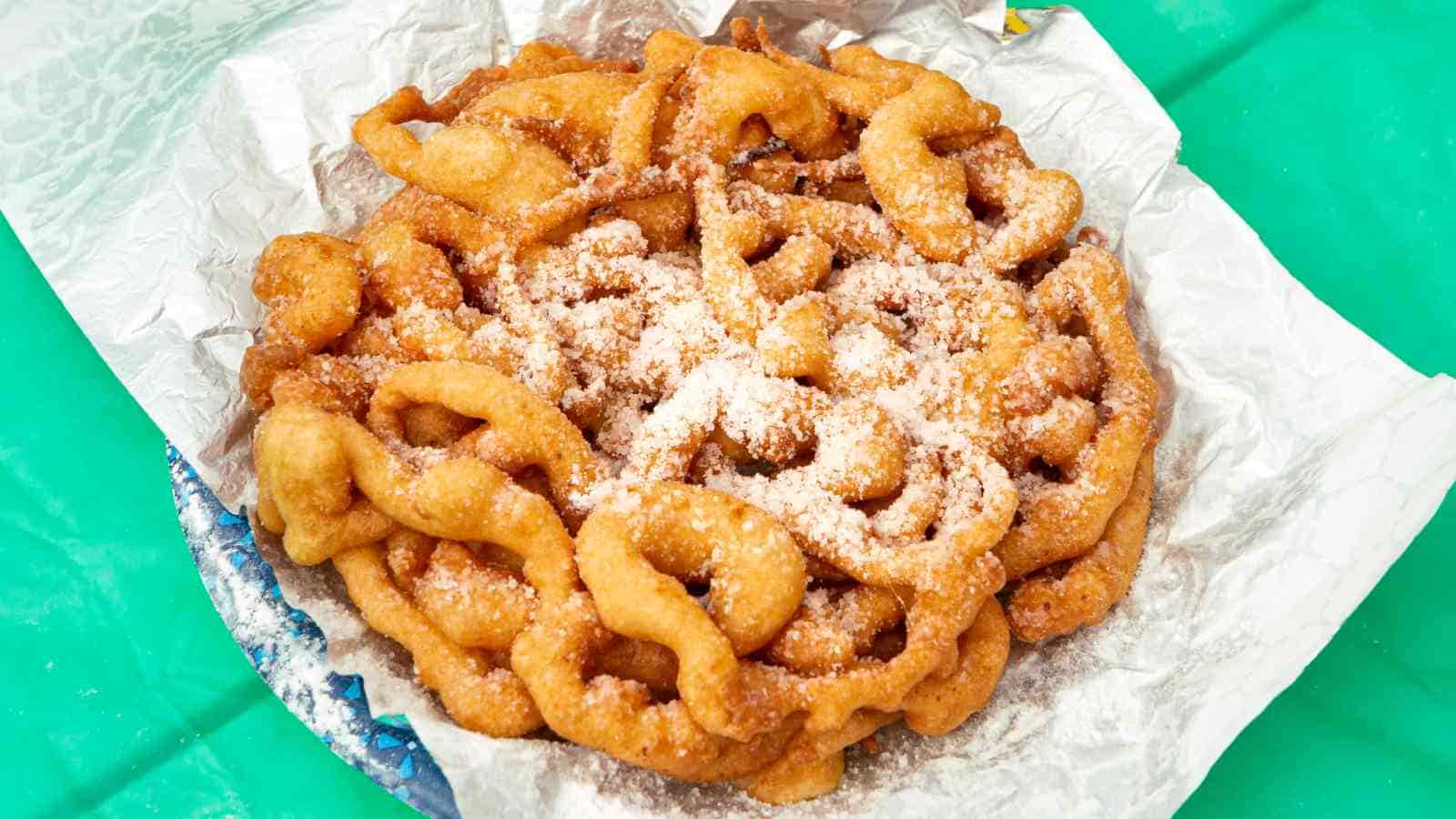 A funnel cake dusted with powdered sugar sits on crumpled parchment paper atop a green surface.