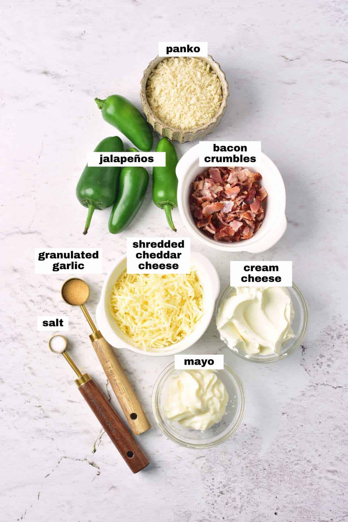 Flat lay of ingredients for jalapeño popper dip, including fresh jalapeños, panko, bacon crumbles, shredded cheddar cheese, cream cheese, mayo, salt, and granulated garlic.
