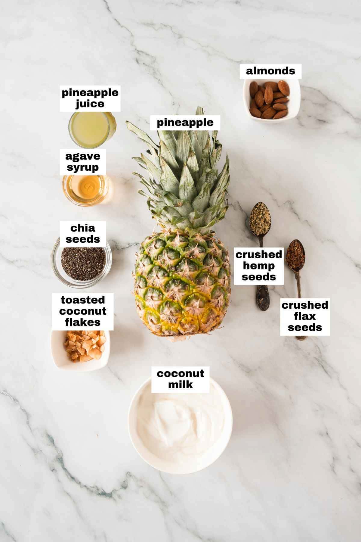 A whole pineapple surrounded by bowls of pineapple juice, agave syrup, chia seeds, toasted coconut flakes, coconut milk, almonds, crushed hemp seeds, and crushed flax seeds.