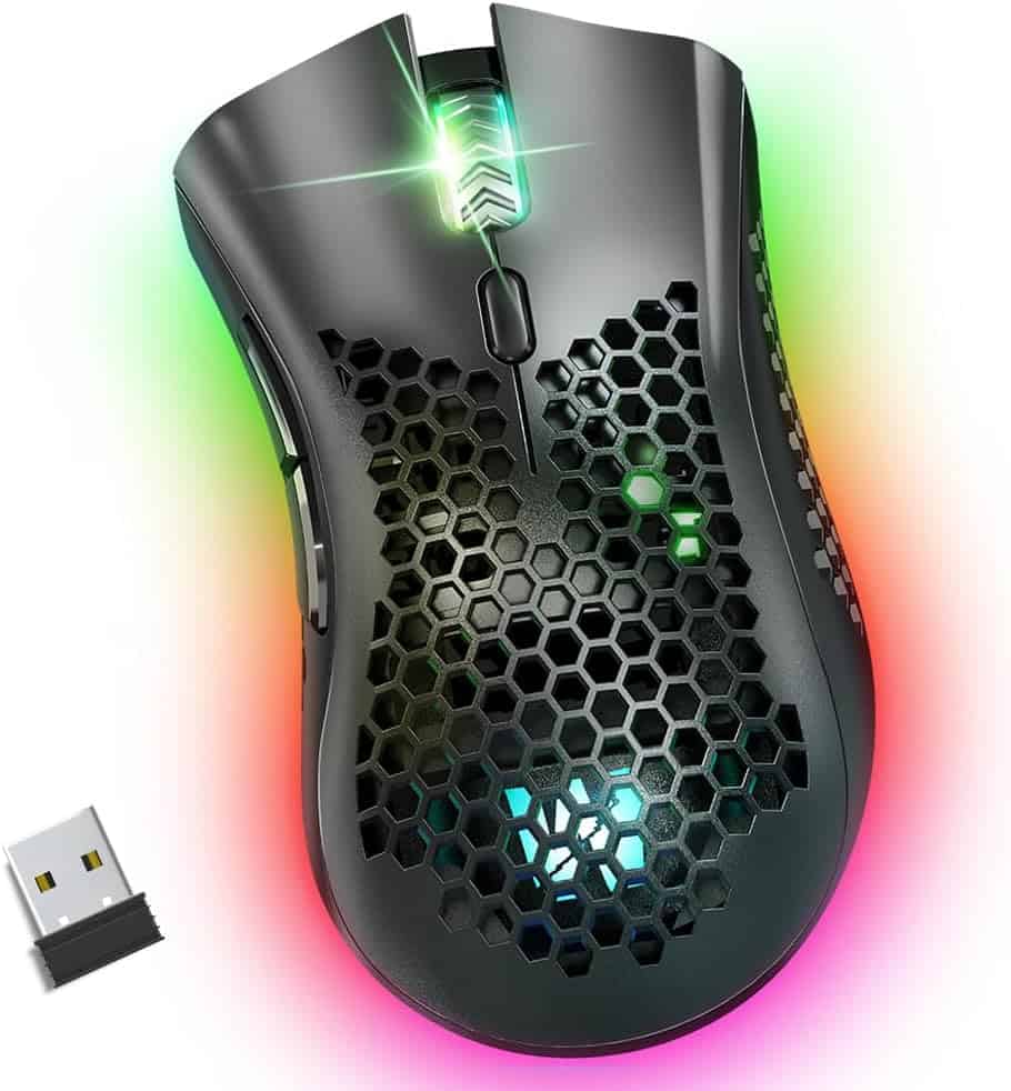 A black wireless gaming mouse with a honeycomb design, RGB lighting, and a USB dongle placed beside it.