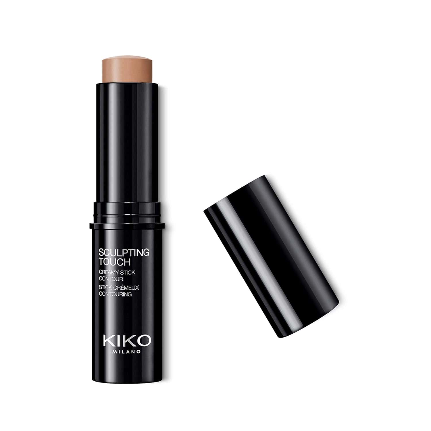 A black tube of Kiko Milano Sculpting Touch Creamy Stick Contour with the cap off, showing the beige contour stick.