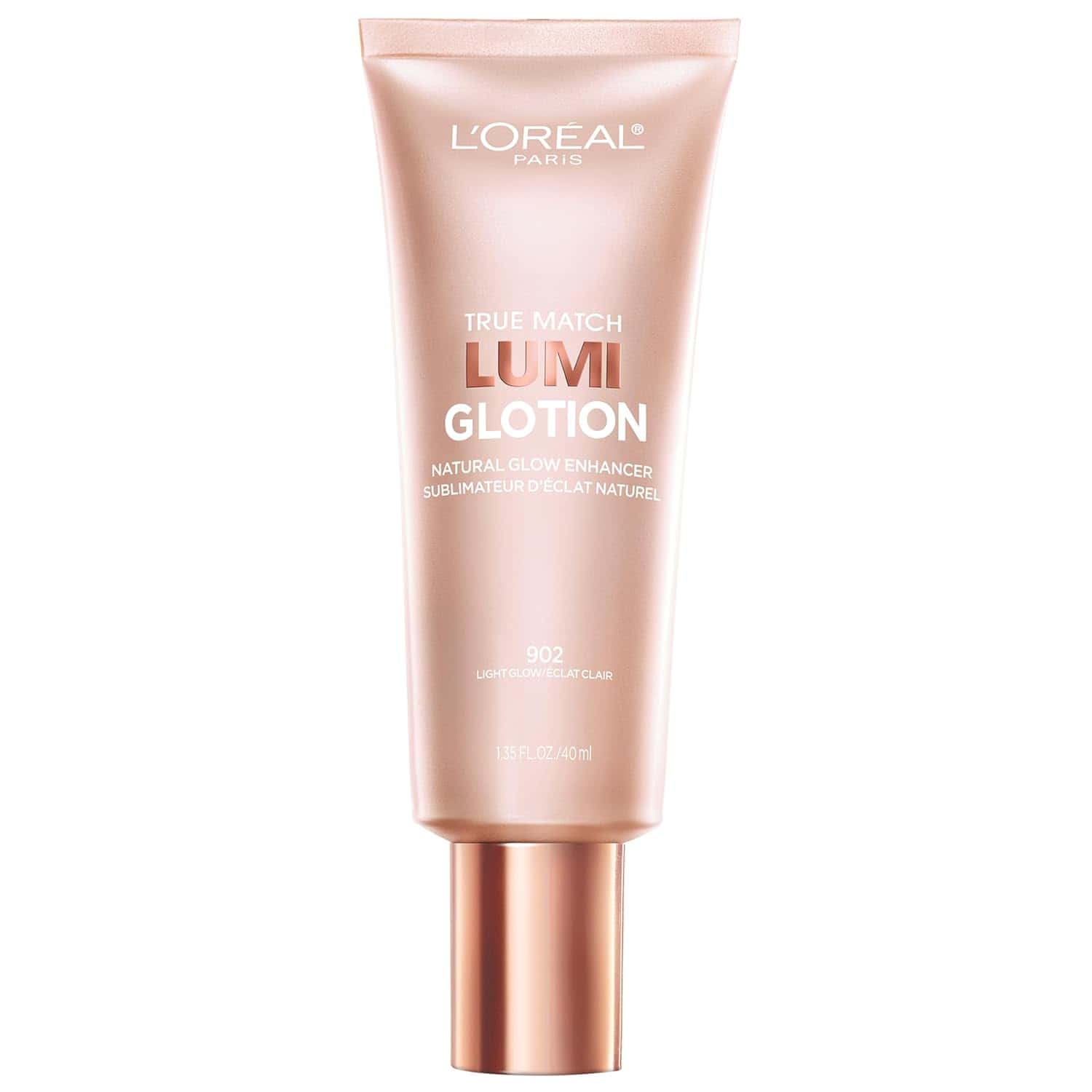 A tube of L'Oréal Paris True Match Lumi Glotion, shade 902 Light Glow, 1.35 fl oz (40 ml), with a rose gold cap and text on the front.