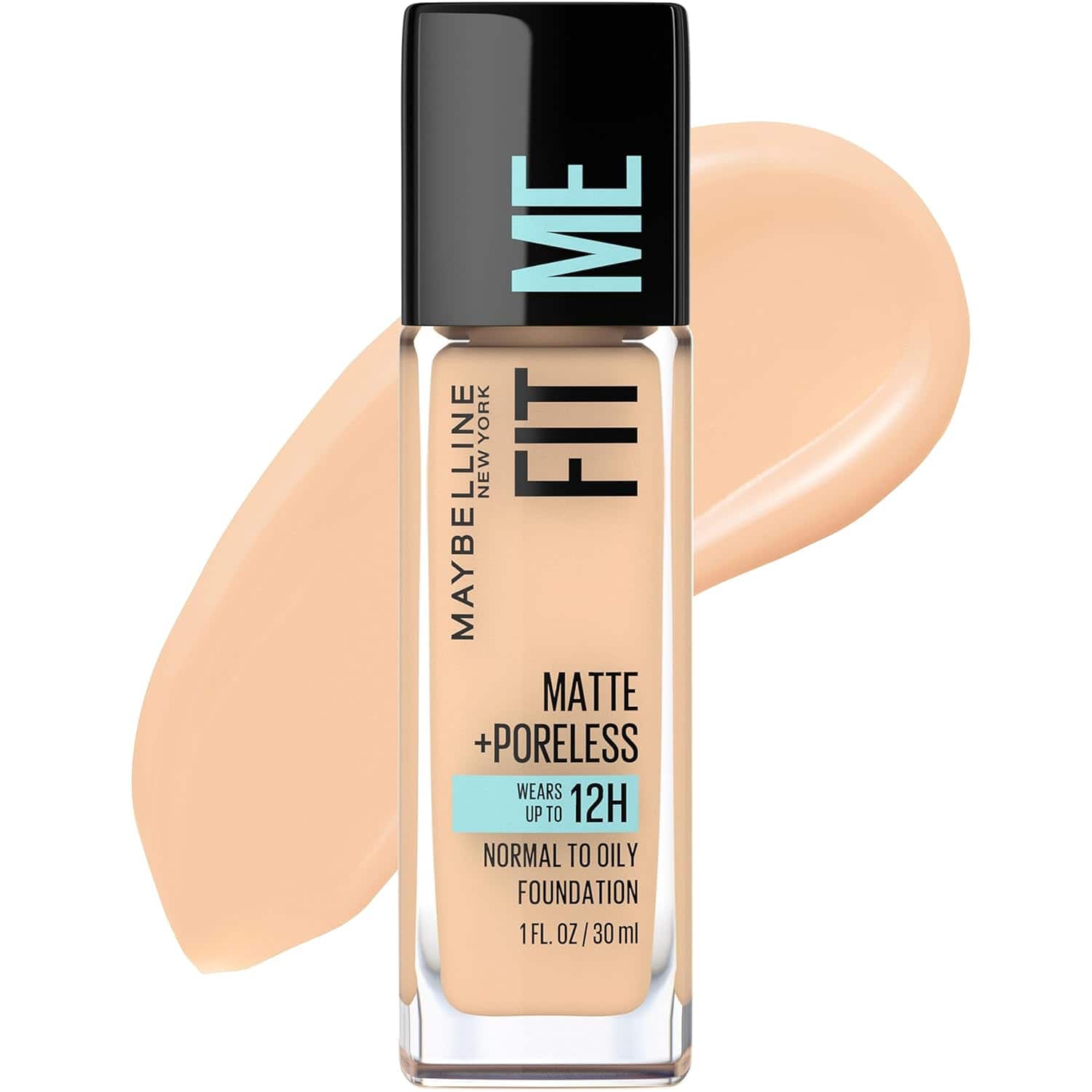 A bottle of Maybelline Fit Me Matte + Poreless foundation for normal to oily skin, displayed with a swatch of the product behind it.