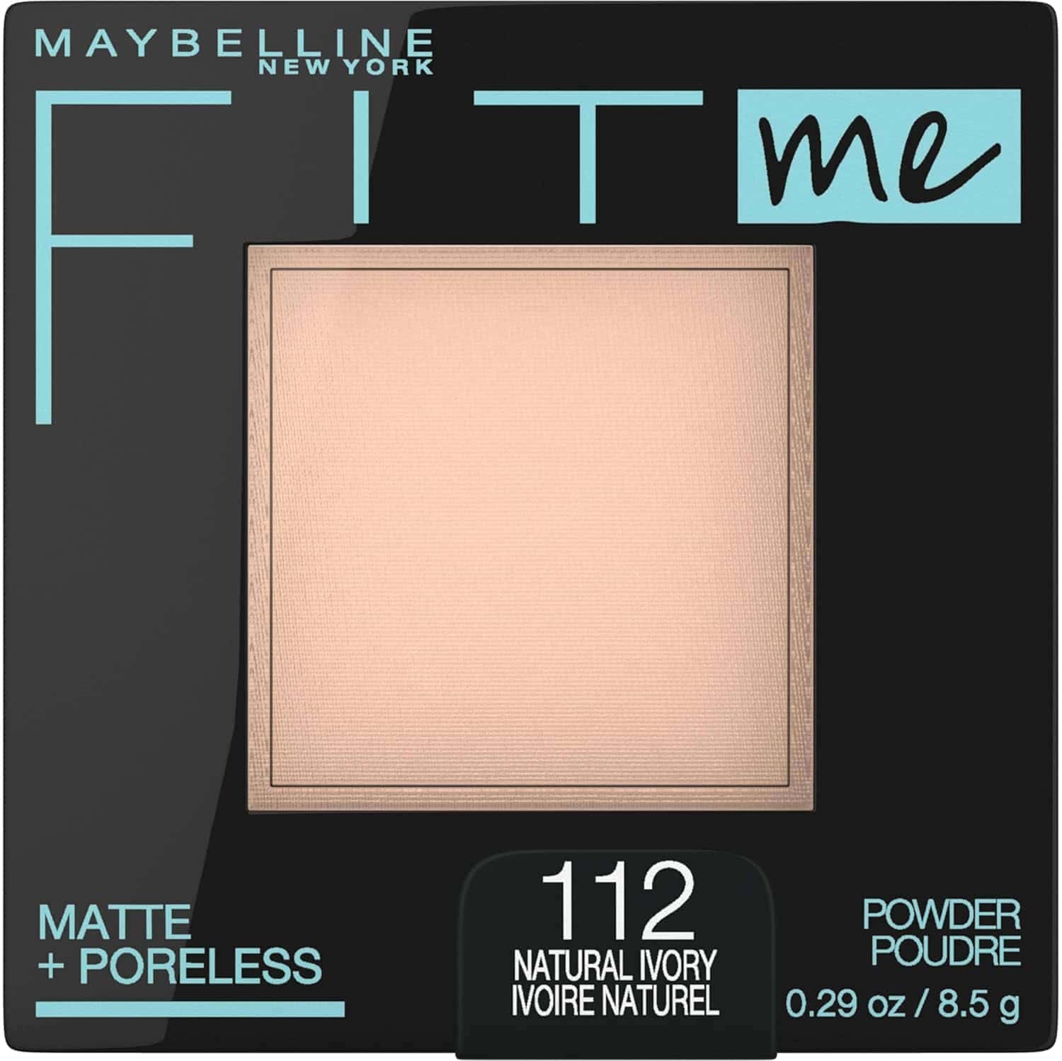 Maybelline Fit Me Matte + Poreless powder in shade 112 Natural Ivory, 0.29 oz (8.5 g) compact with a beige powder square and black packaging.