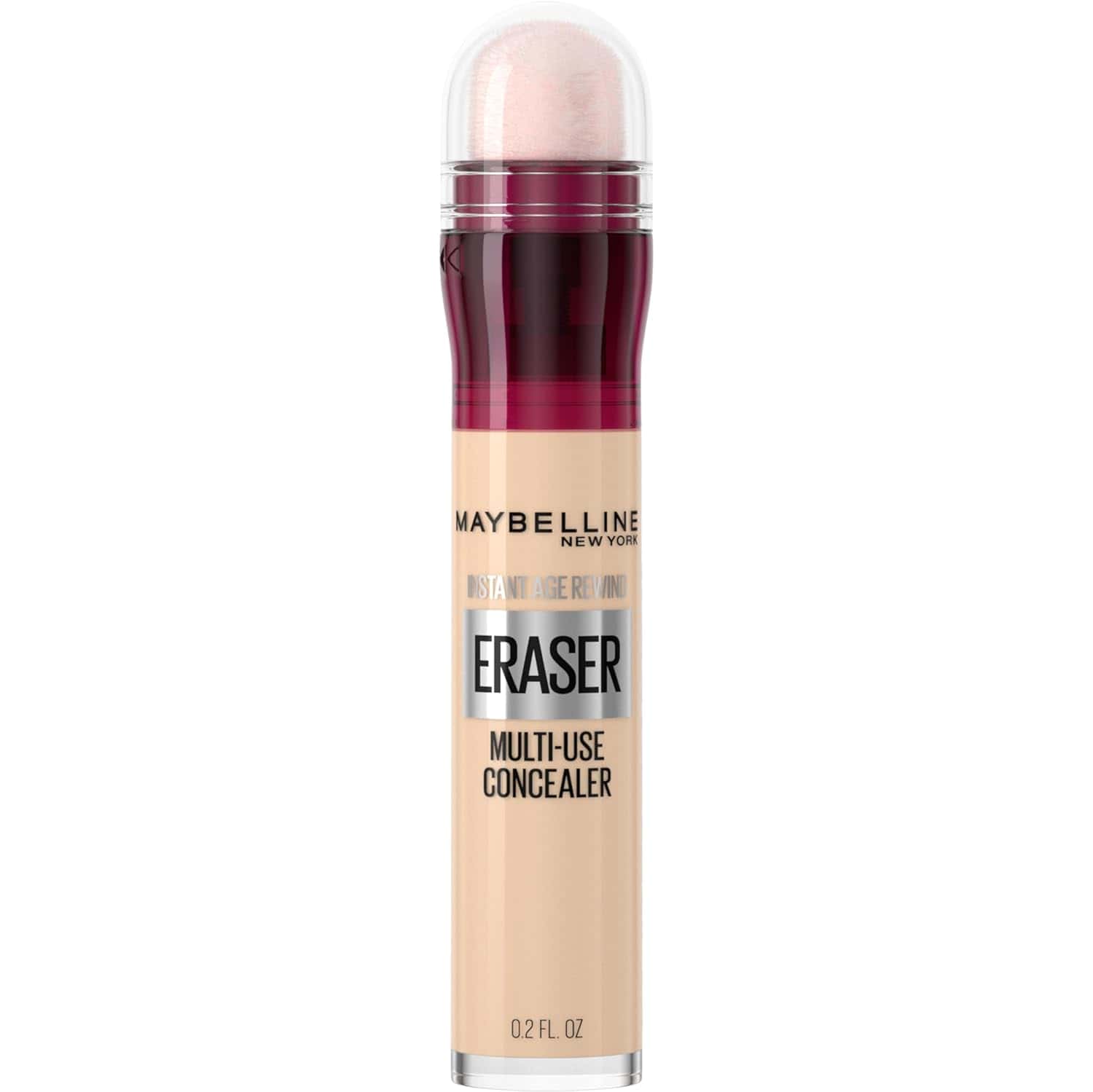 A tube of Maybelline Instant Age Rewind Eraser Multi-Use Concealer with a sponge applicator and beige liquid inside.