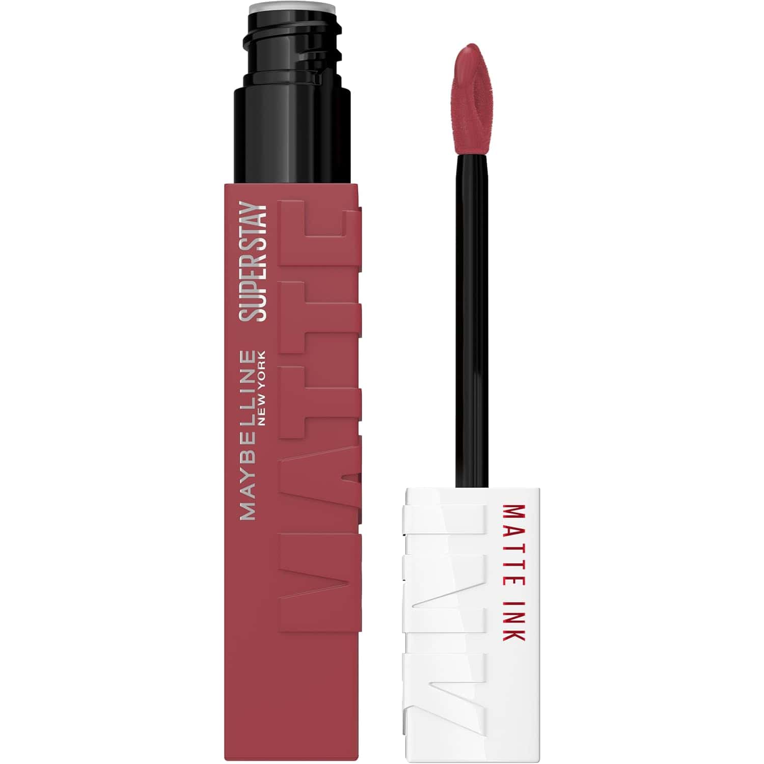 A tube of Maybelline Super Stay Matte Ink liquid lipstick with the applicator wand removed and standing beside it. The lipstick color is a muted red shade.