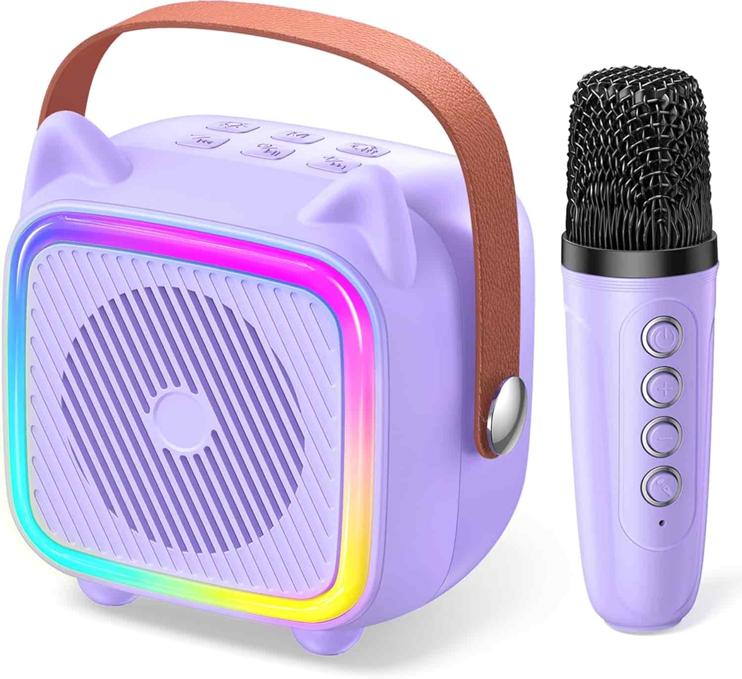 A purple portable speaker with cat ear accents, a brown handle, multicolor LED lights, and a matching wireless microphone with control buttons.