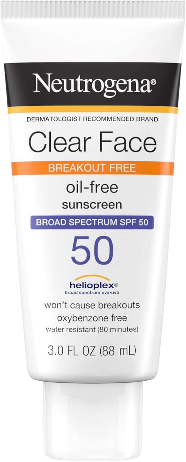 A tube of Neutrogena Clear Face oil-free sunscreen, SPF 50, 3 fl oz, labeled “breakout free” and “won’t cause breakouts,” with broad spectrum protection.