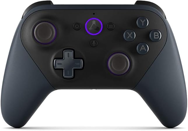 A dark blue and black gaming controller with two joysticks, a directional pad, four labeled buttons (Y, X, B, A), and a glowing purple ring around the central button.