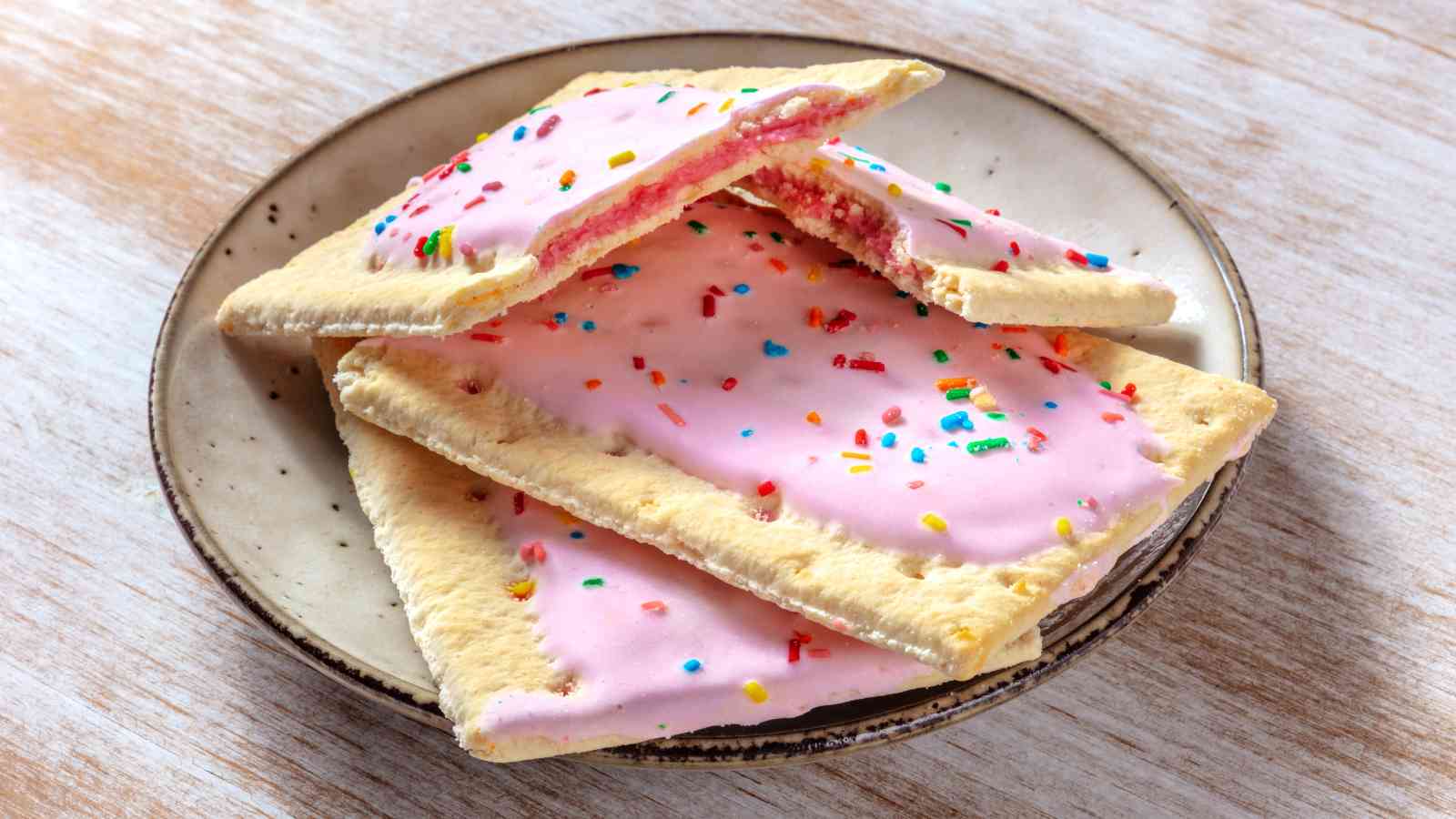 Three frosted toaster pastries with pink icing and colorful sprinkles are stacked on a ceramic plate, one pastry is broken in half to show the filling.