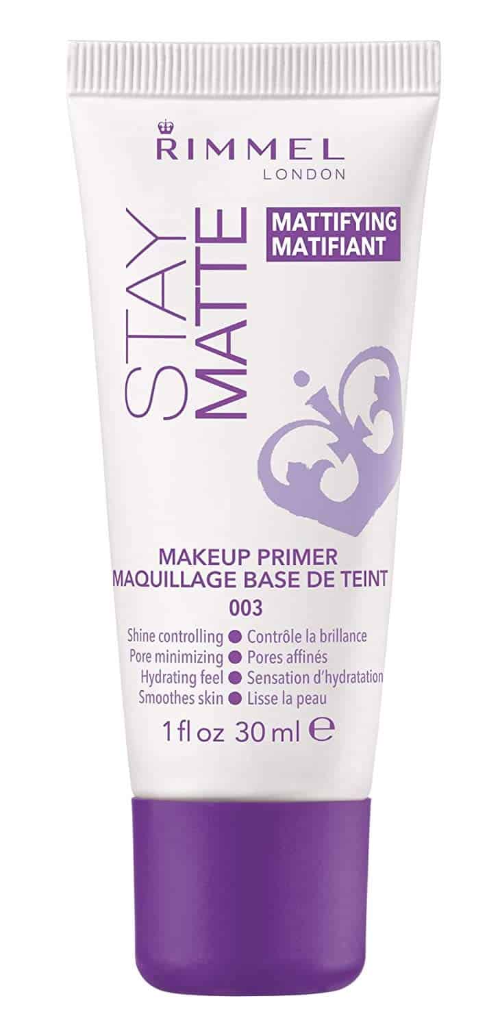 A tube of Rimmel London Stay Matte Makeup Primer, 30 ml size, labeled as mattifying, shine-controlling, pore-minimizing, and hydrating.