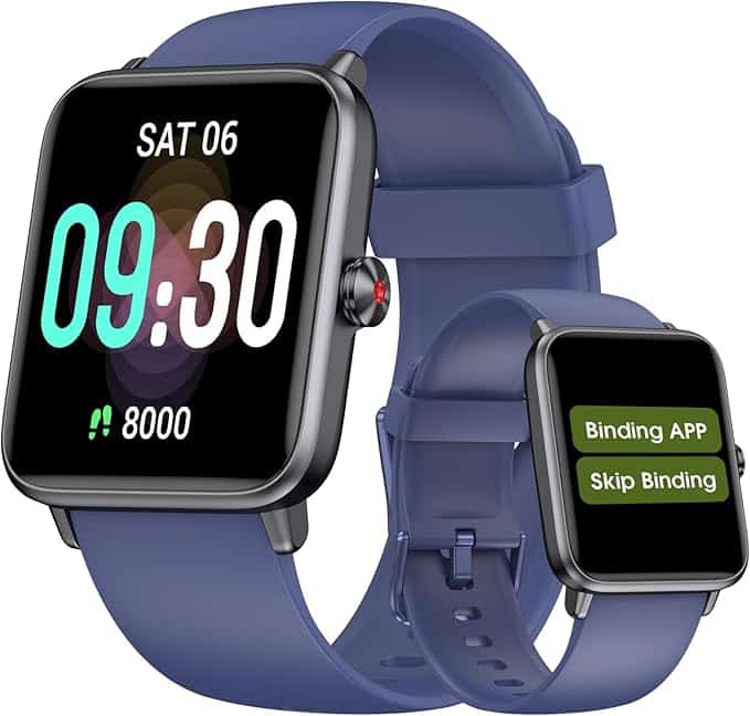 Two smartwatches with purple straps; one displays the time, date, and step count, while the other shows options for binding the app or skipping binding.