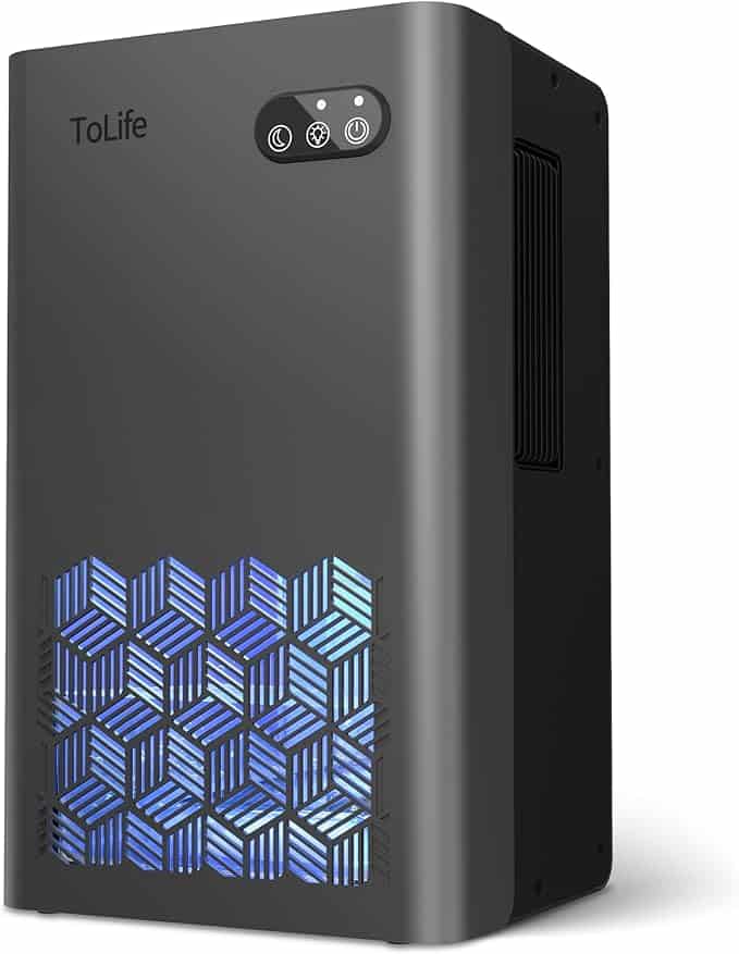 A black rectangular air purifier with geometric blue patterned vents, control buttons, and the brand name "ToLife" on the upper front.